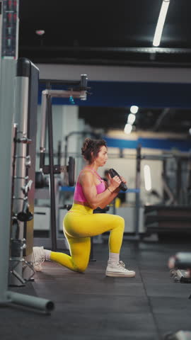 Fit woman performing lunges exercise with weight plate in gym