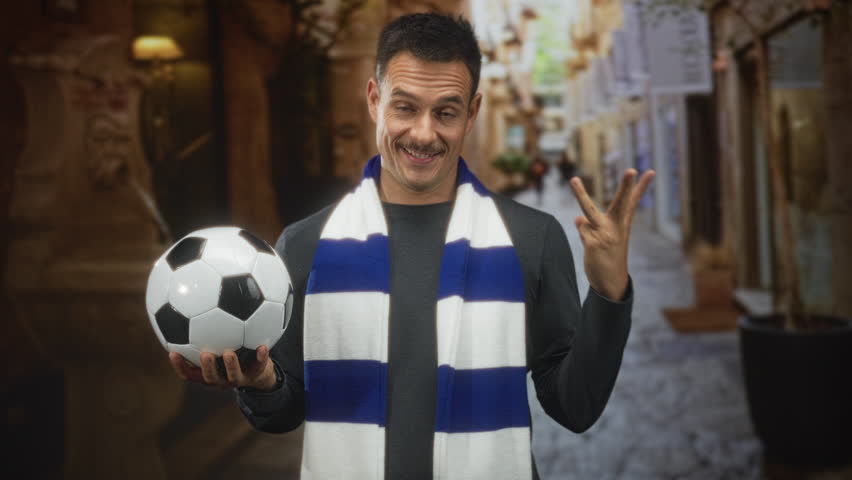 Hispanic man with moustache wearing blue and white scarf holds soccer ball in left hand and shows three fingers with right hand in cobbled street; pride.