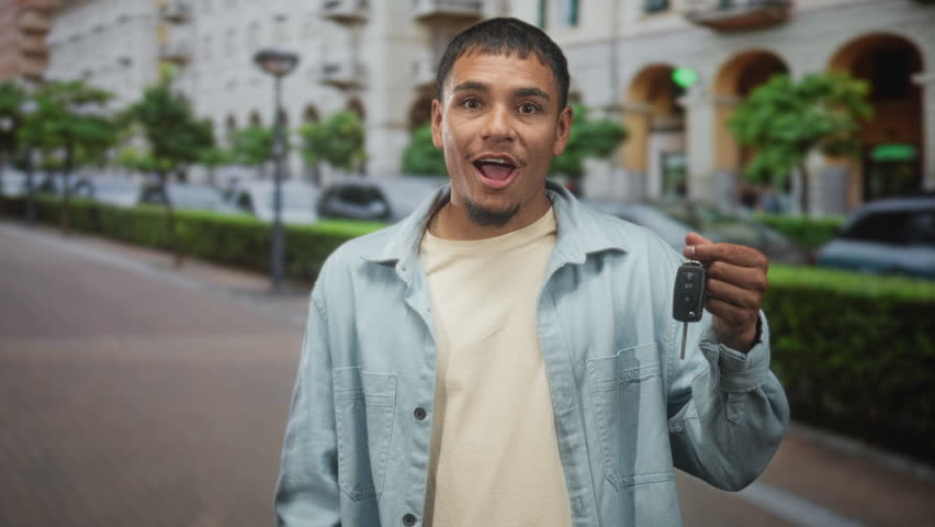Man in light denim jacket holding car keys with hand near face smiling widely on city street with arched building and parked cars visible; surprise celebration.