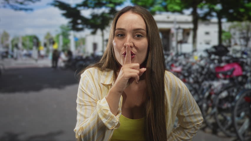 Woman smiling and shushing with finger to lips on a crowded street beside parked bicycles and public building; playful secrecy.
