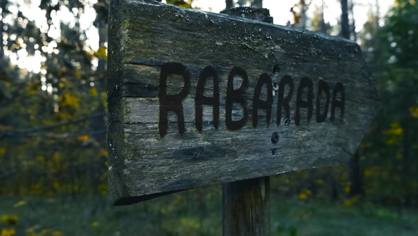 Close cinematic glide toward weathered wooden Rabarada trail sign pointing to bog path surrounded by autumn forest with soft blurred foliage.