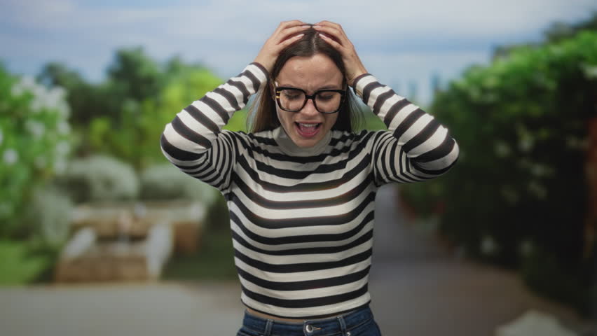 Woman wearing striped sweater and glasses, hands on head and frowning while raising arms on a park walkway lined with green bushes; stress resilience.