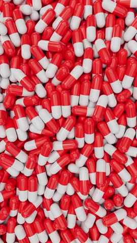 top view of red and white pill capsules background
