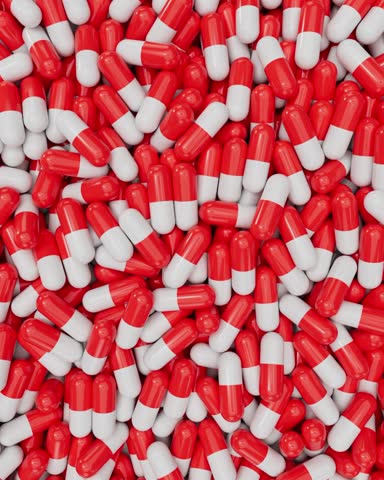 top view of red and white pill capsules background