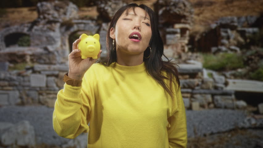 Young chinese woman holding yellow piggy bank to lips while kissing it in front of ancient stone building; saving thrift contentment.