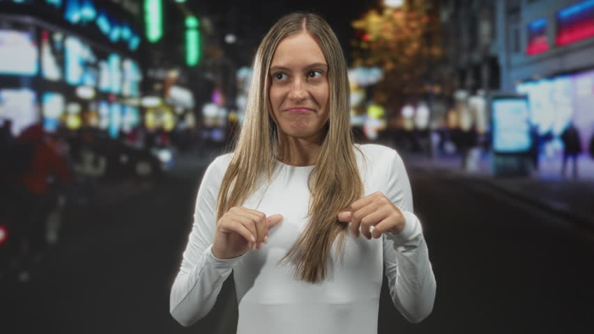 Woman smiling with hands raised palms out on a busy urban street at night framed by neon signs and blurred crowds; playful.
