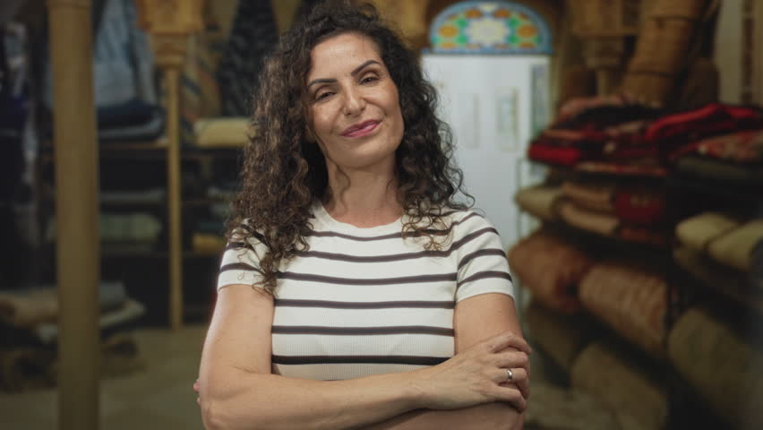 Woman wearing a striped shirt with a friendly smile and arms crossed in a carpet shop building; confidence.