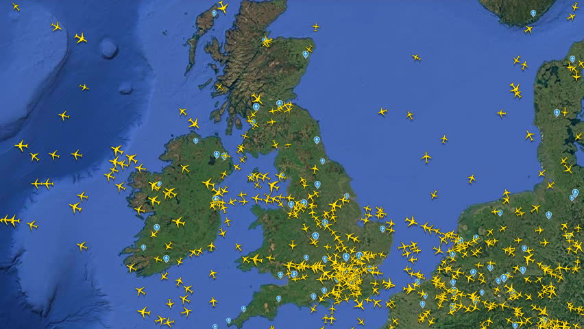 Air traffic density map over United Kingdom and Western Europe, Map showing high density of aircraft flights over UK and Western Europe
