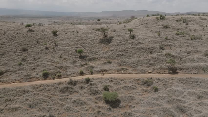 Aerial view of dirt road in arid landscape, Kenya.