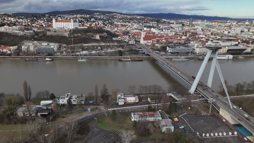 Aerial view of Bratislava Castle and bridge, Slovakia.