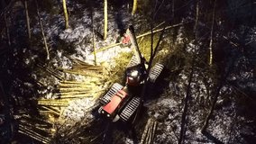 Aerial night timelapse of a forestry harvester cutting and stacking logs in a snowy woodland, machine lights glowing over winter tree harvest. - Powered by Shutterstock - Get 15% off with code: PIKWIZARD15