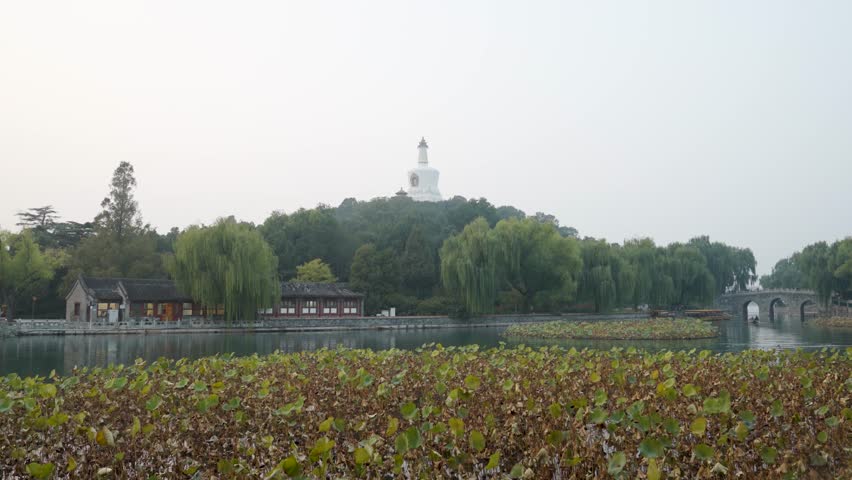 Wide shot of Beihai Park and The White Pagoda in Beijing, China.
