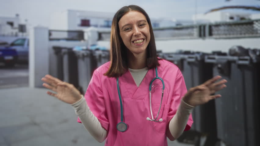 Young hispanic nurse in pink scrubs with stethoscope waves hands on street by trash bins; joyful compassion.