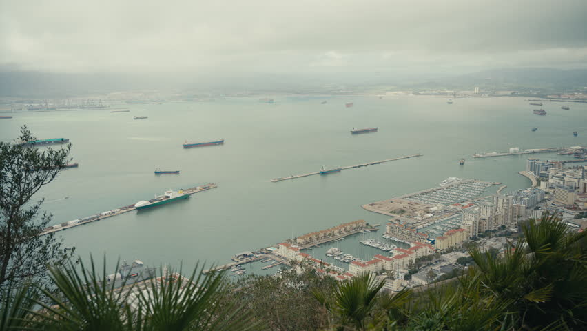Elevated panoramic view over Gibraltar’s harbor and marina from the Rock of Gibraltar, with cargo ships anchored in the Strait.