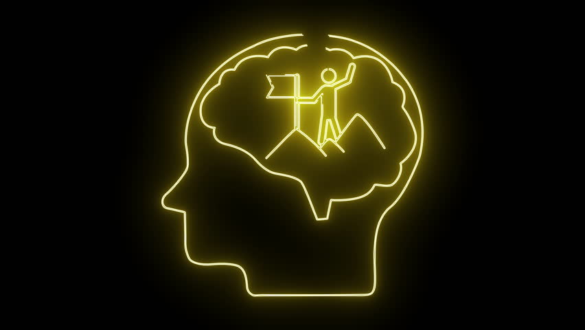 Yellow neon art head outline with brain filled with mountain flag and figure on top