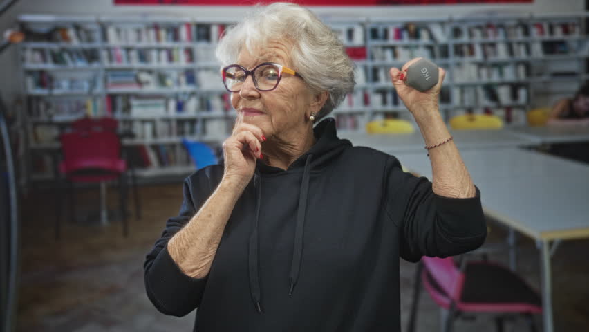 Senior woman right hand holds dumbbell in a library building, thoughtful chin touch gesture and raised weight; confidence vitality.