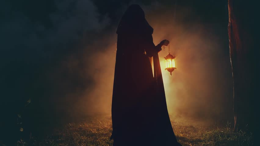 silhouette gothic person woman walking in dark dense fog forest hands hold lantern lamp mystical way night nature. long black dress cape hood victorian medieval style back rear view. Fantasy girl elf.