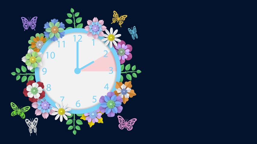 spring forward animated video with ppaer clock, flowers and butteflies