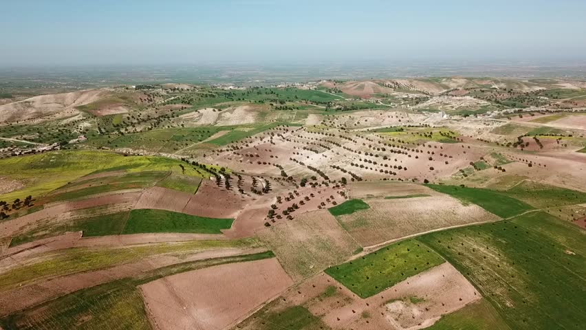 Aerial view of olive groves and cultivated farmland across rolling hills in rural Morocco creating scenic agricultural countryside landscape