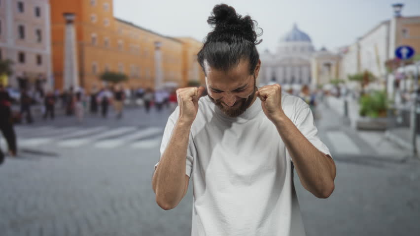 Man with hands raised and mouth open shouting on a street near vatican building, clenched fists and intense gesture; frustration.