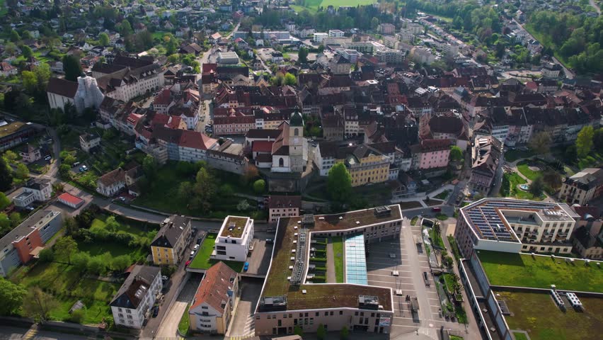 Aerial view around the old town of the city Porrentruy  in Switzerland on a sunny afternoon in summer.