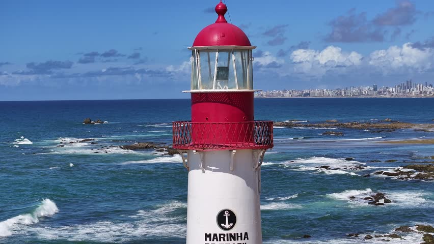 Salvador Skyline In Salvador Bahia Brazil. Iconic Structure Of The Historic Lighthouse In A Coastal City. Coast Horizon Seaside Summertime. Coast Outdoors Beach Scenic Coastline. Salvador Bahia.
