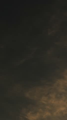 Dark golden sky with swirling clouds, tiny birds drifting across moody amber light and deepening dusk