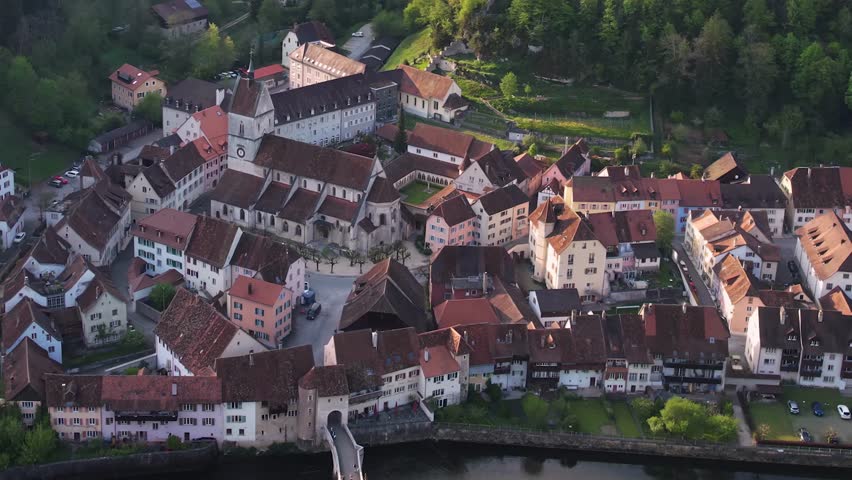 Panorama aerial of the old town of the city Saint-Ursanne in Switzerland on a sunny noon in summer

