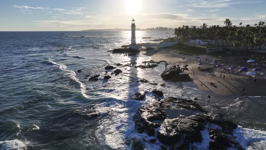 Sunset Beach In Salvador Bahia Brazil. Birds Eye View Of Lighthouse Standing Tall Against The Blue Sky. Sunset Deserted Skyline Season Amazing. Deserted Sea Season. Salvador Bahia.