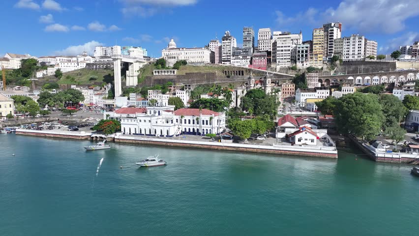 Salvador Skyline In Salvador Bahia Brazil. Turquoise Ocean Waves Gently Crashing On Tropical Beach. Town Sky Backgrounds Urban. Outside Backgrounds Panoramic. Salvador Bahia.