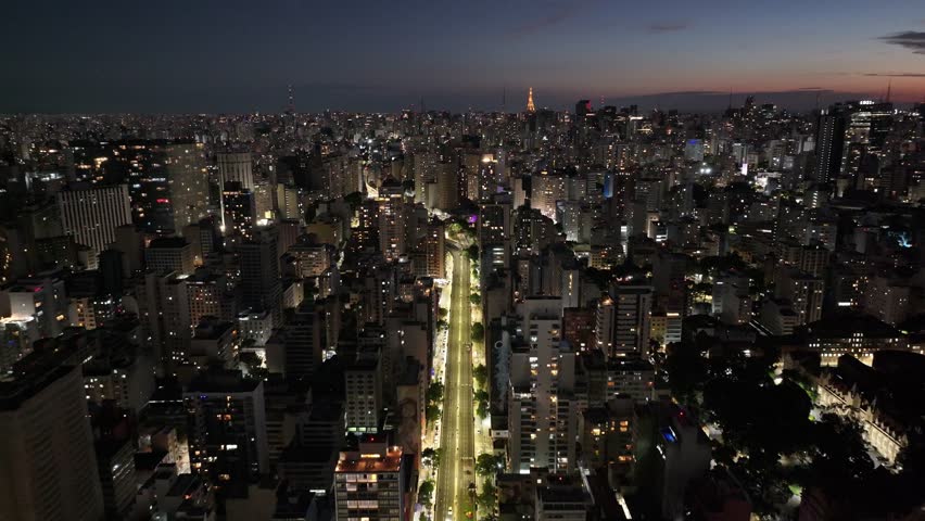 Sao Paulo Skyline In Sao Paulo Brazil. City Skyline Showing Modern And Traditional Architecture. Building Sky Background Downtown Cityscape. Night Outdoor Panning Wide. Sao Paulo Brazil.