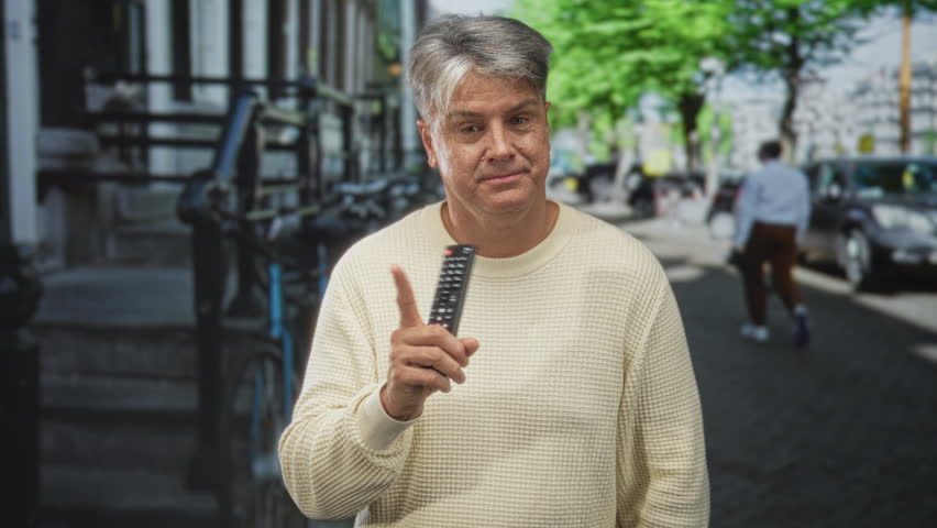 Man middle aged holding remote in right hand, standing on a street by parked cars and a bicycle rack in front of building, looking at camera; calm convenience.
