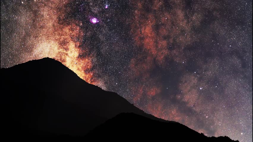 Night landscape, mountains under bright colorful milky way galaxy. Space, night scene time lapse.