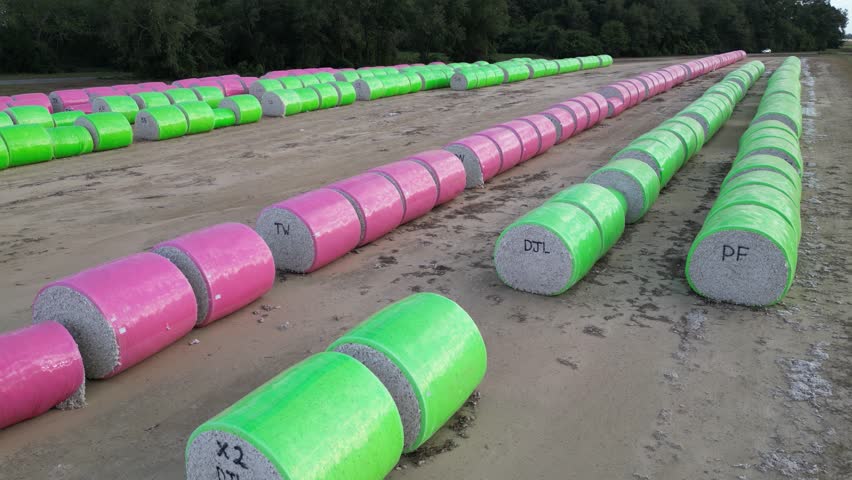 Close view of wrapped cotton bales displaying identification codes used for agricultural traceability on farmland near Headland, Henry County, Alabama, United States, aerial view.