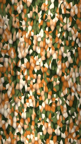 An abstract mosaic pattern featuring a blend of green, orange, and white shapes, creating a visually intriguing texture.