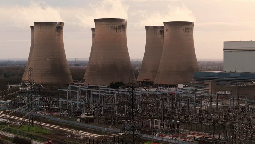 Aerial view of cooling towers at Selby, United Kingdom.