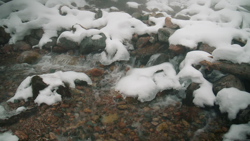 Crystal clear water of a wild mountain stream flowing over pebbles and stones covered with fresh white snow. A serene winter landscape with a cold creek and ice formations on the rocks