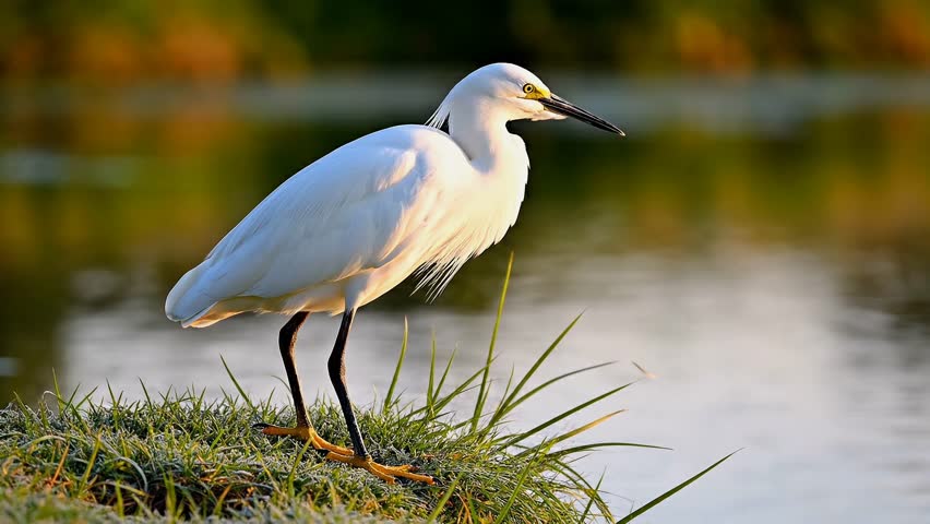 Snowy Egret Standing on Grassy Shore at Sunset Golden Hour Wildlife Photography