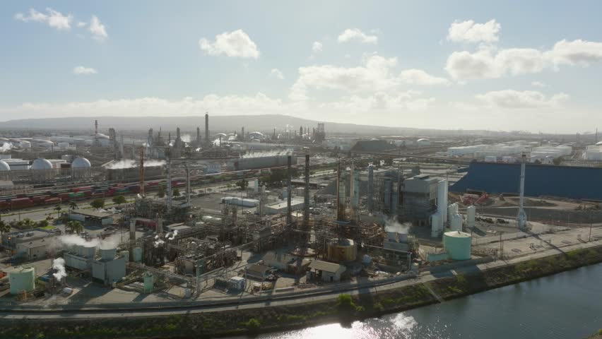 Aerial view of oil refinery with distillation towers and processing units