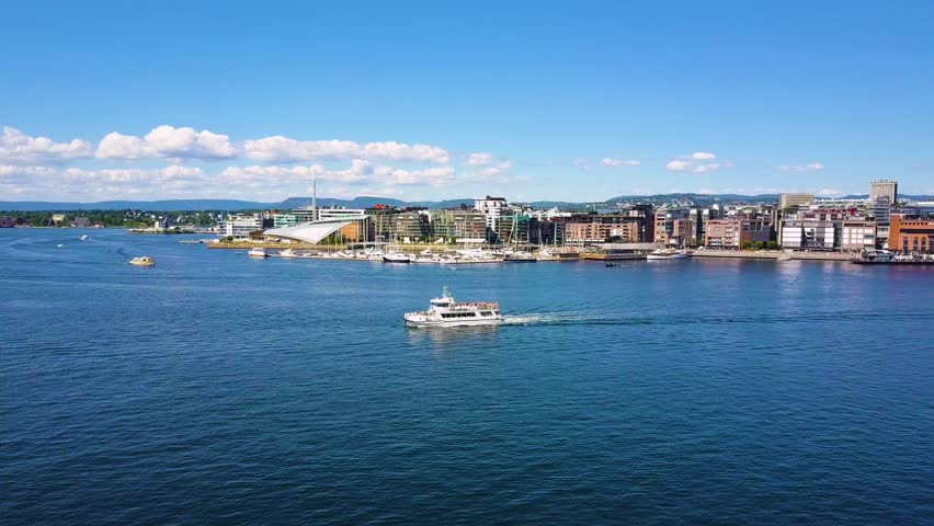 Oslo harbor at the Aker Brygge and Tjuvholmen neighbourhood aerial view in Oslo. Oslo is the capital of Norway.