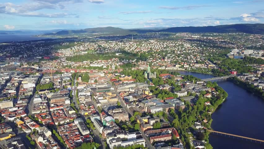 Trondheim city aerial panoramic view. Trondheim is the third most populous municipality in Norway.