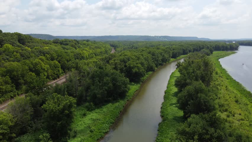 Aerial of Galena Illinois in the driftless area of the midwest.  Drone shot over river.