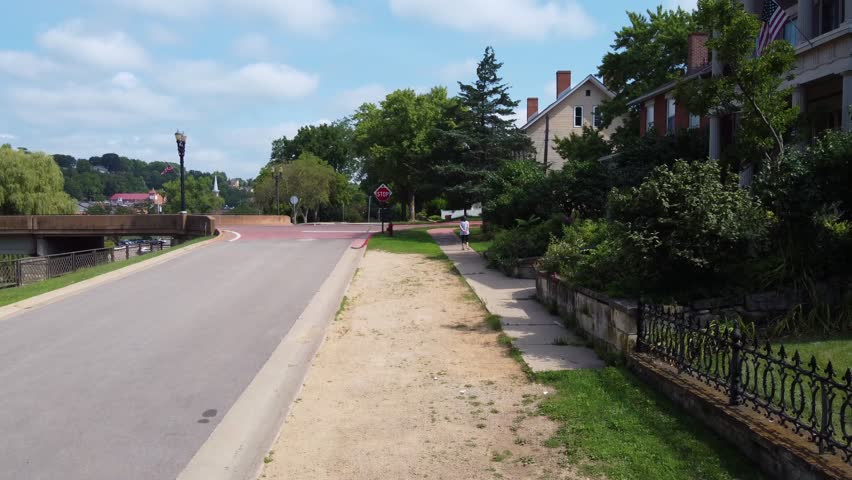 Aerial of Galena Illinois in the driftless area of the midwest.  Rising drone shot over historic downtown.