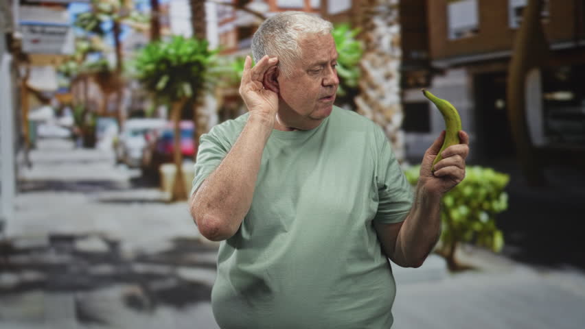 Man cupping ear while holding banana with right hand on a sunny street lined with palm trees and shops; absurdity confusion.
