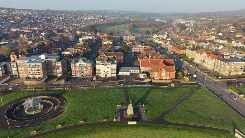 Aerial Drone Flyover of Swanage Bay and Jurassic Coastline in Dorset, UK, a dynamic aerial video of Swanage, a picturesque seaside town on the Jurassic Coast in Dorset, England.