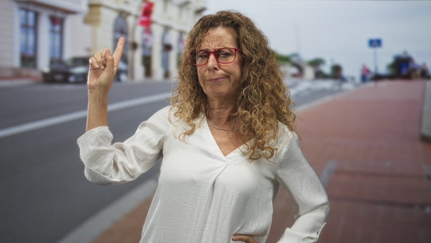 Woman points finger upward on street wearing red glasses and a white blouse, hand on hip and skeptical expression; skepticism curiosity.