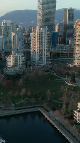 Aerial view of the skyscrapers in Downtown of Vancouver at sunset, Canada