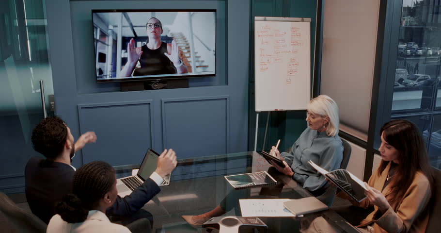 Business, people and television screen with video call, discussion and webinar questions in office. Team, conversation or virtual meeting in workplace with tech for strategy, collaboration or advice.