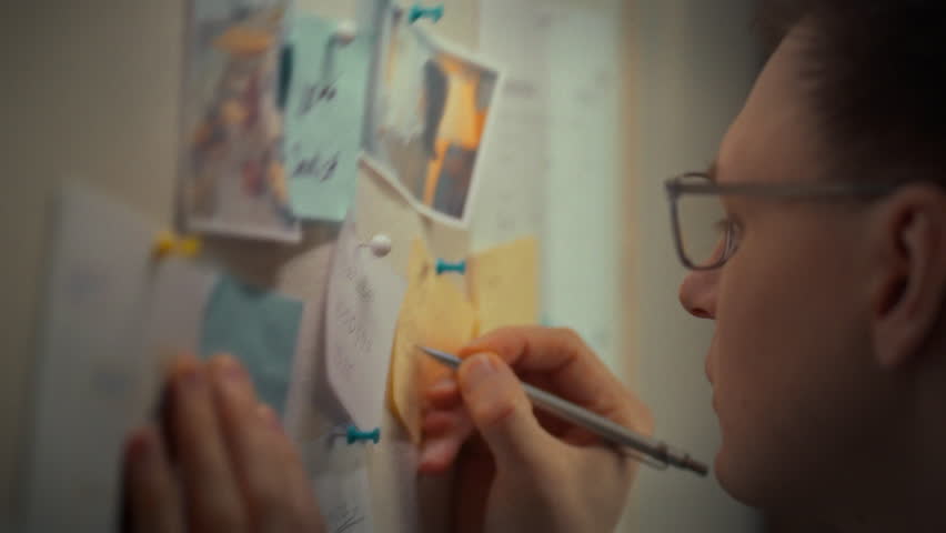 A bespectacled man stands in a quiet evening office, intensely brainstorming on a whiteboard with vibrant colored sticky notes to devise scheduling solutions