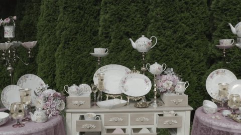Drone Flying Close above Decorative Porcelain Table